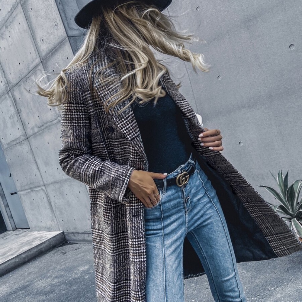 plaid trench button pea coat jacket - Picture 2 of 8